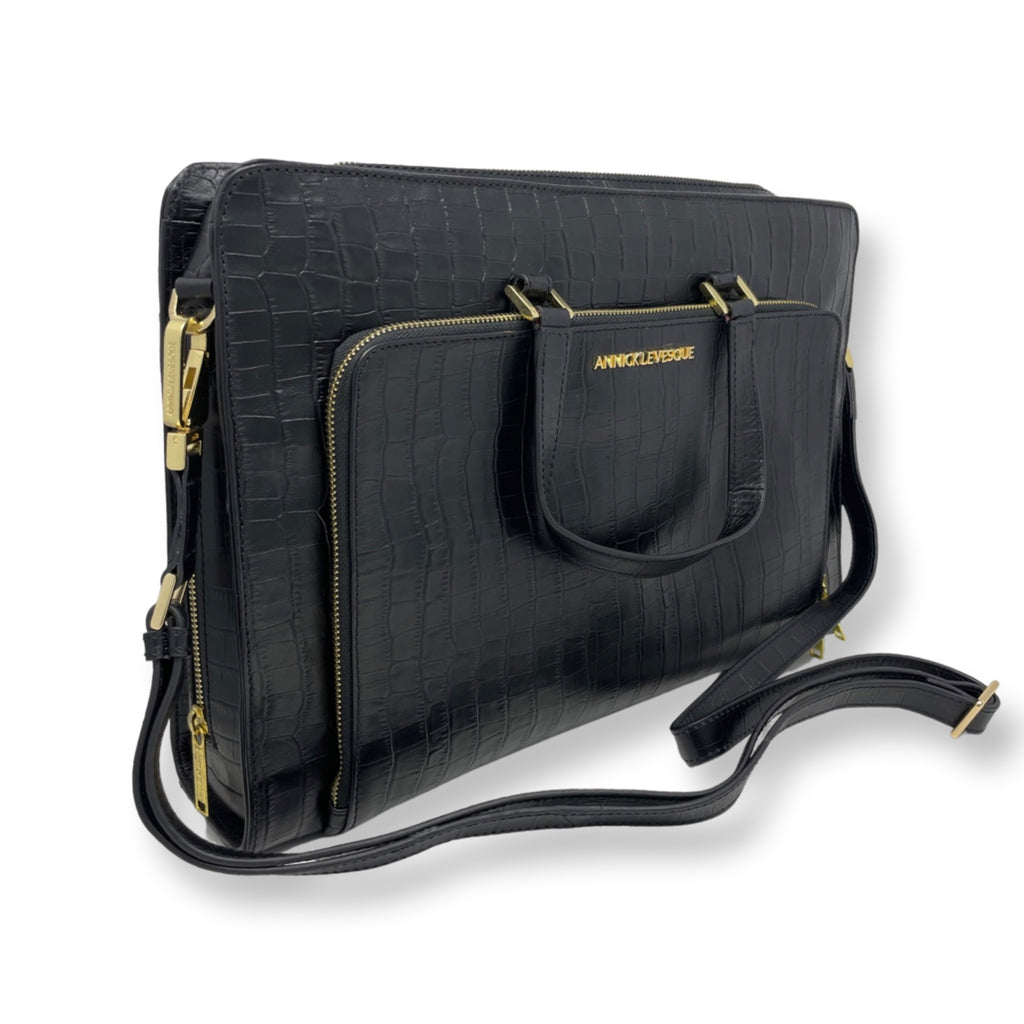 Sac pour Ordinateur Portable en cuir Croco Noir, Elizabeth �?? Annicklevesque