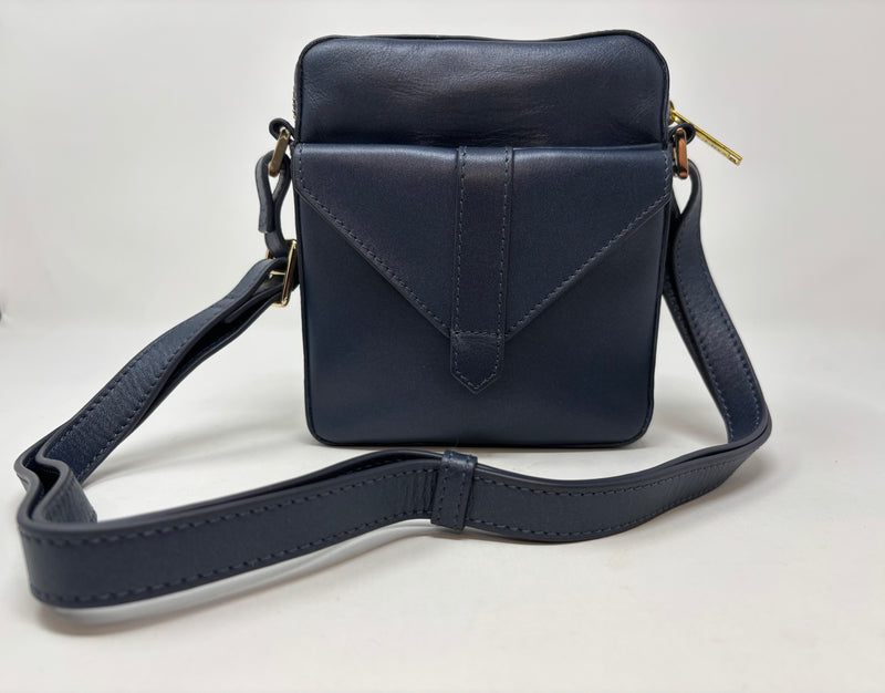 Petit sac en cuir véritable avec section pour carte RFID, Bleu marine, Nadine