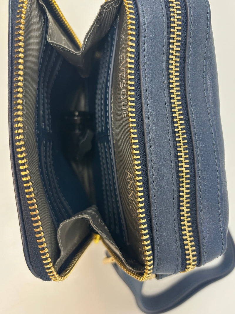 Petit sac en cuir véritable avec section pour carte RFID, Bleu marine, Nadine