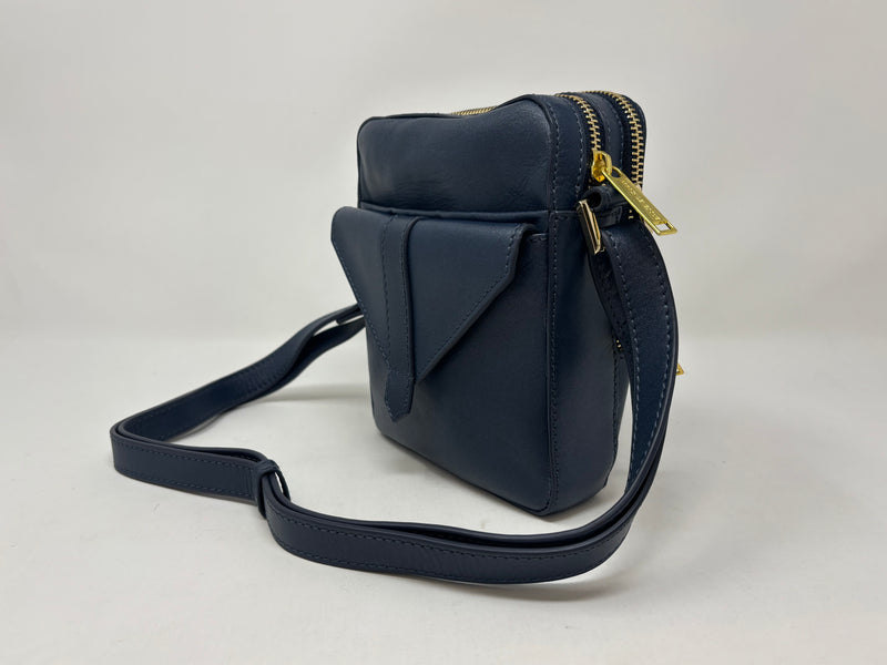 Petit sac en cuir véritable avec section pour carte RFID, Bleu marine, Nadine