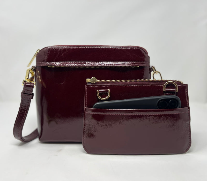 Petit Sac à Bandoulière en Cuir Rouge bordeaux vernis , Brigitte