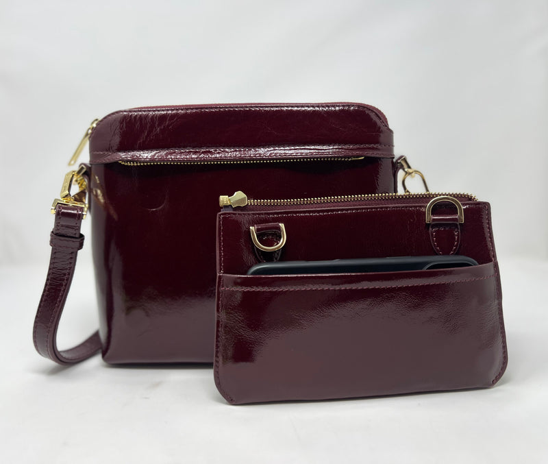 Petit Sac à Bandoulière en Cuir Rouge bordeaux vernis , Brigitte