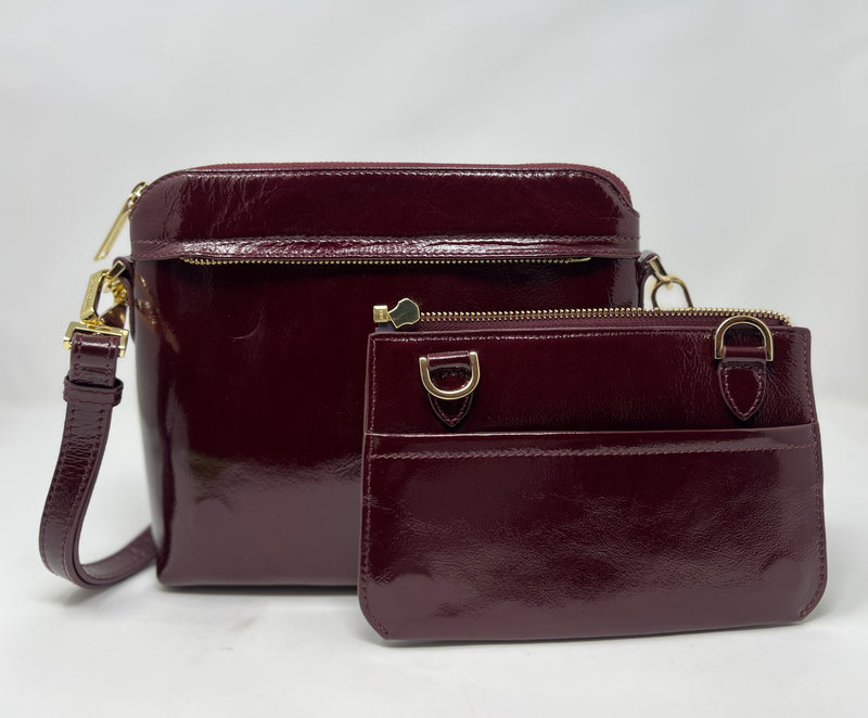 Petit Sac à Bandoulière en Cuir Rouge bordeaux vernis , Brigitte