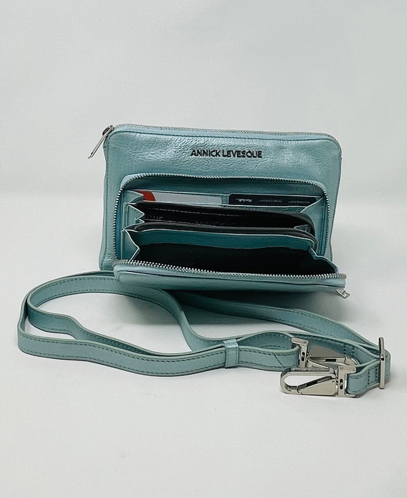 Petit sac à main-portefeuille en Cuir Véritable Bleu céleste, Carmen