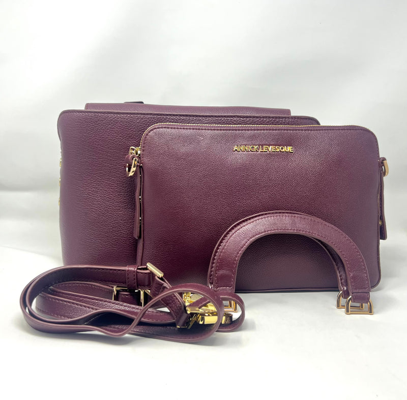 Sac à main en cuir Clarence Moyen, deux en un, Aubergine