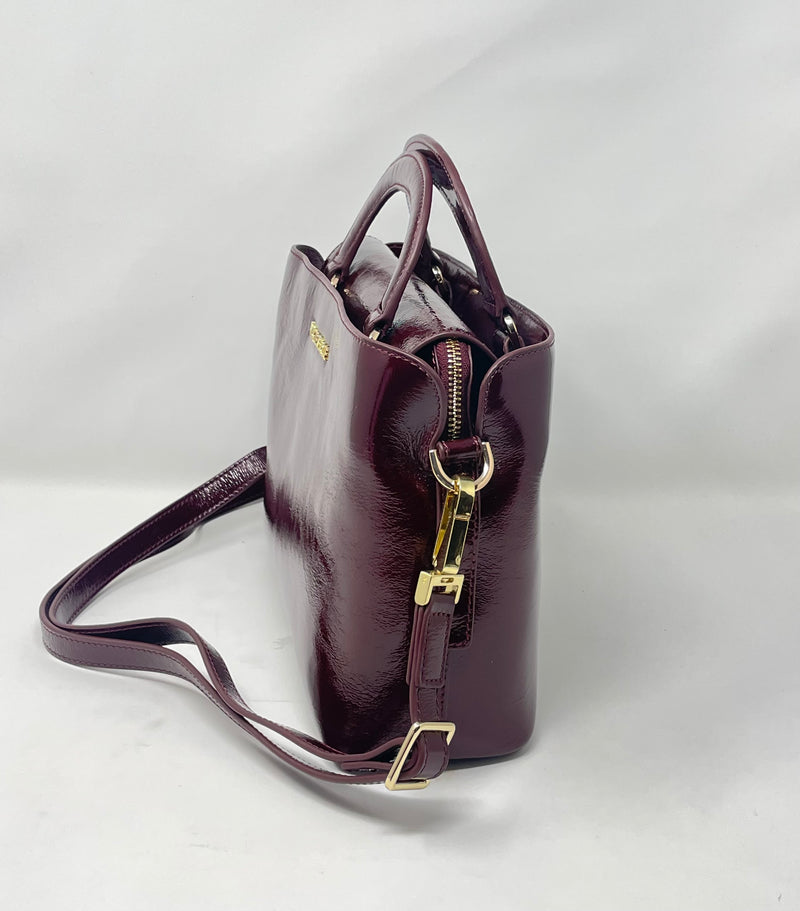 Sac à main en cuir, deux en un, Rouge bordeaux vernis, Clarence moyen