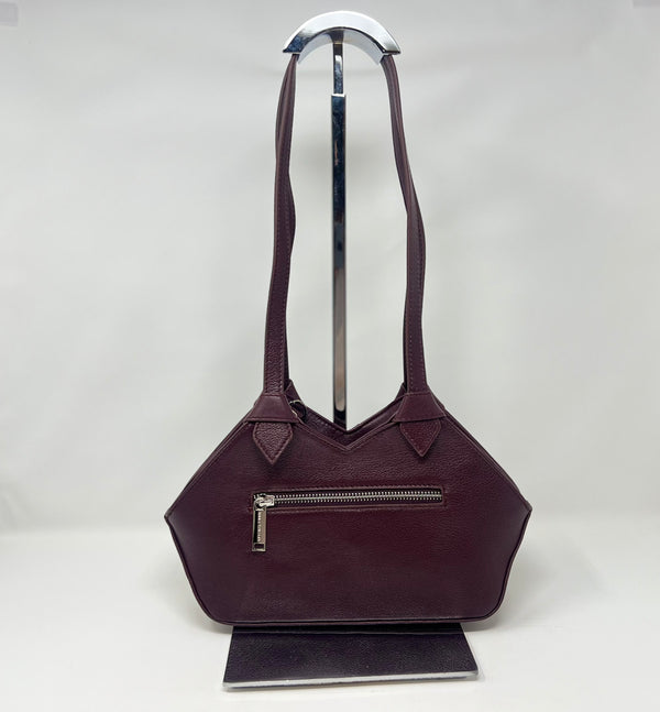 sac à main en cuir véritable avec poignée amovible et bandoulière détachable, Aubergine,Claudia