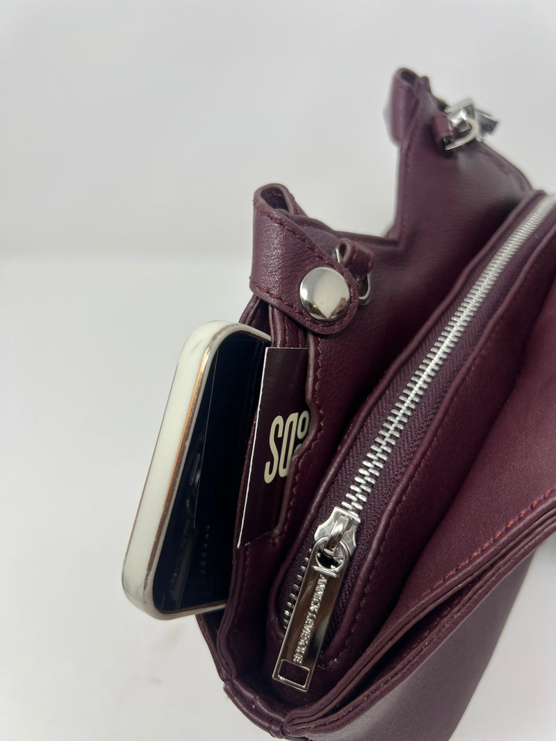 sac à main en cuir véritable avec poignée amovible et bandoulière détachable, Aubergine,Claudia