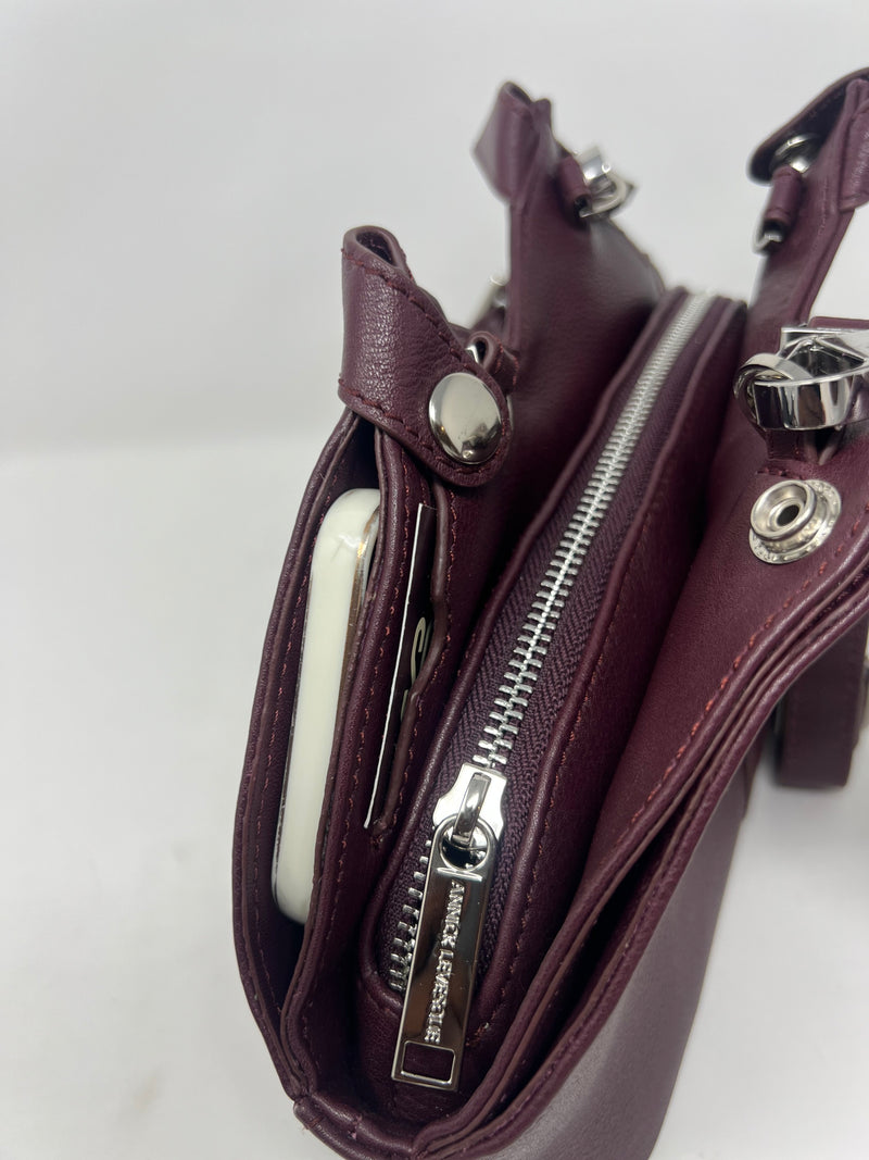 sac à main en cuir véritable avec poignée amovible et bandoulière détachable, Aubergine,Claudia
