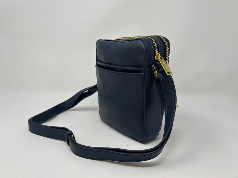 Petit sac en cuir véritable avec section pour carte RFID, Bleu marine, Nadine