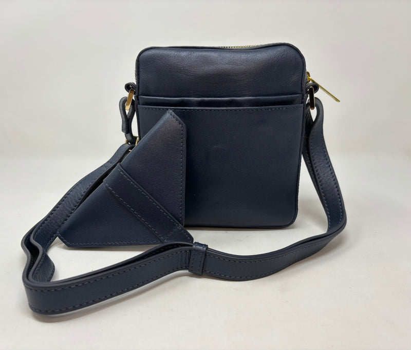 Petit sac en cuir véritable avec section pour carte RFID, Bleu marine, Nadine