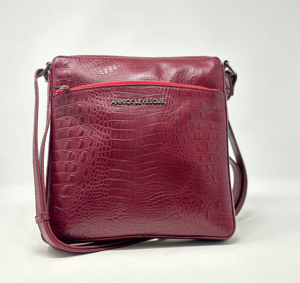 Sac à Bandoulière / Sacoche en cuir véritable Rouge Croco, Gisèle