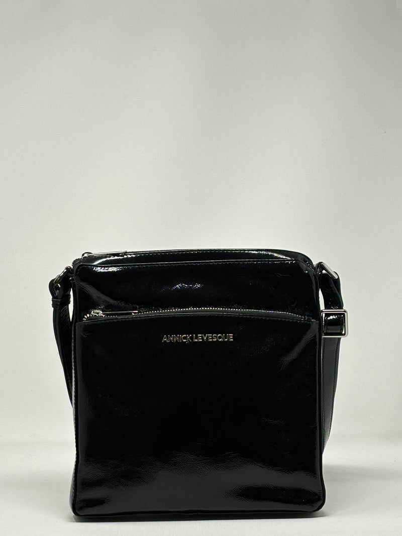 Sac à Bandoulière / Sacoche en cuir Noir vernis, Gisèle