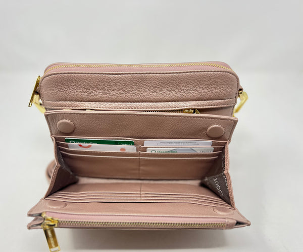 Petit Sac bandouillère 2 en 1 avec porte carte détachable en Cuir Véritable Platine , Kennedi