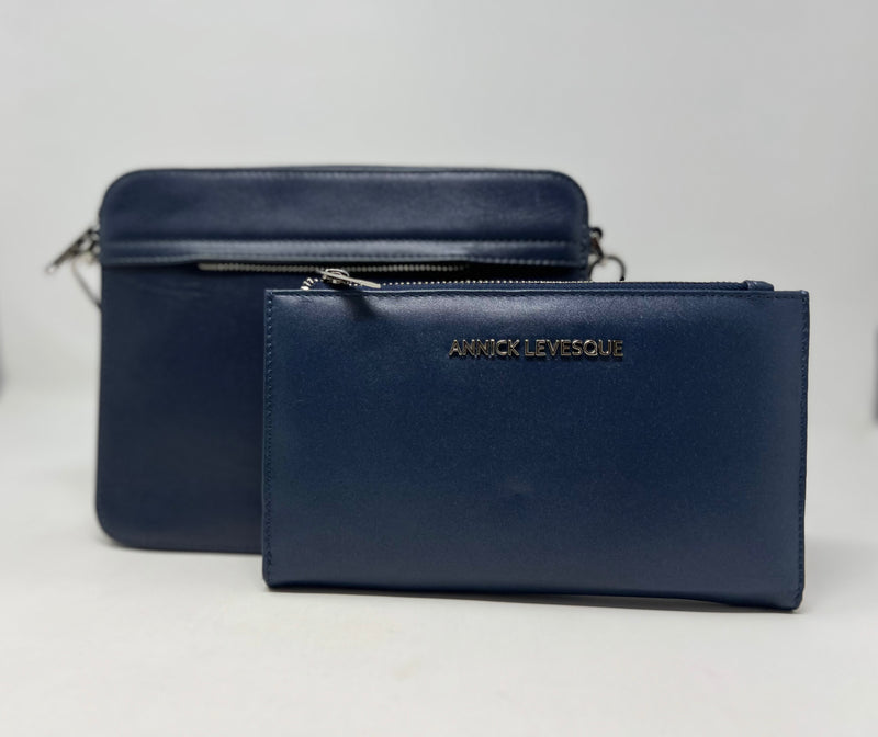 Petit Sac bandouillère 2 en 1 avec porte carte détachable en Cuir Bleu Marine , Kennedi