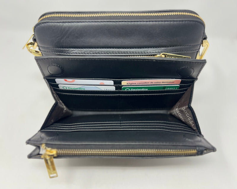 Petit Sac bandouillère 2 en 1 avec porte carte détachable en Cuir Véritable Noir , Kennedi