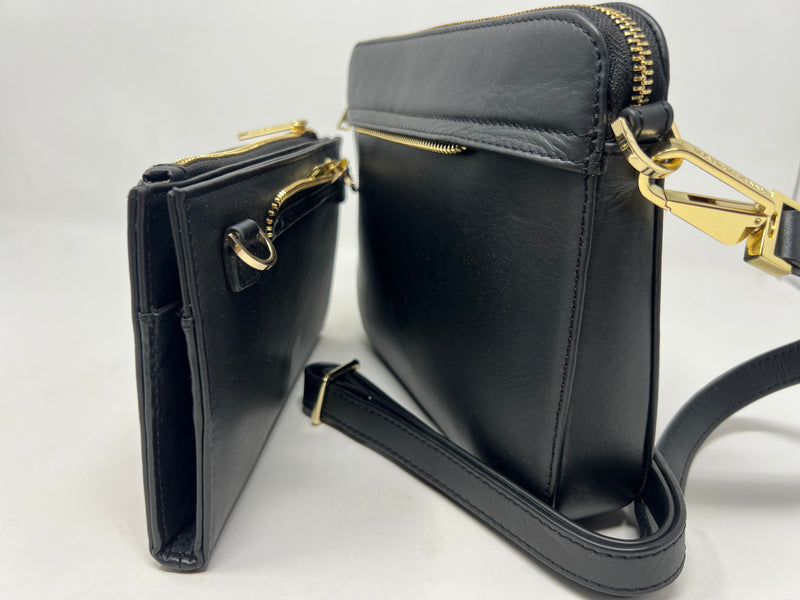 Petit Sac bandouillère 2 en 1 avec porte carte détachable en Cuir Véritable Noir , Kennedi