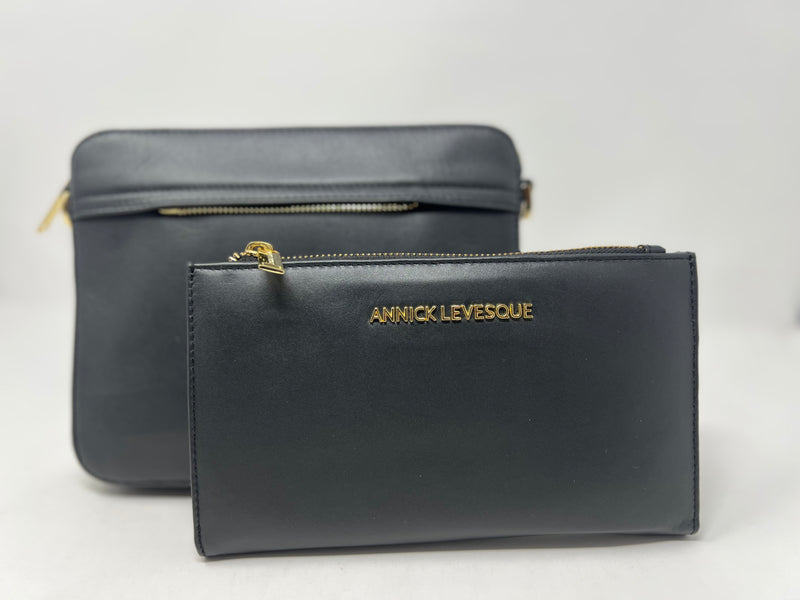 Petit Sac bandouillère 2 en 1 avec porte carte détachable en Cuir Véritable Noir , Kennedi