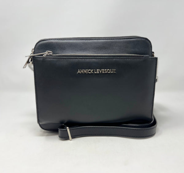 Petit Sac bandouillère 2 en 1 avec porte carte détachable en Cuir Véritable Noir , Kennedi