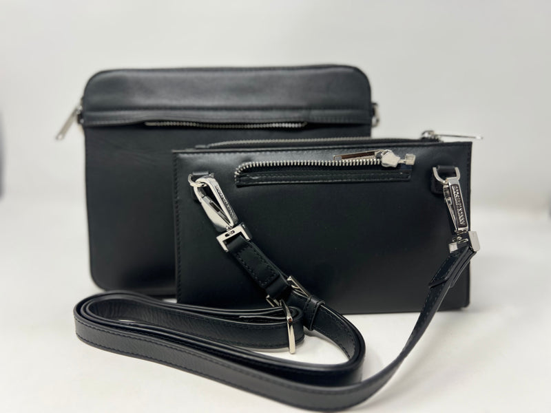 Petit Sac bandouillère 2 en 1 avec porte carte détachable en Cuir Véritable Noir , Kennedi