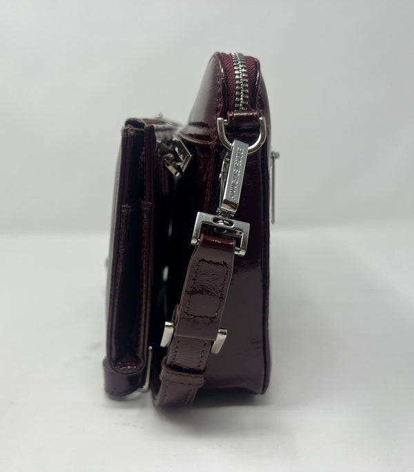 Petit Sac bandoulière 2 en 1 avec porte carte détachable en Cuir rouge bordeaux foncé patin souple, Kennedi