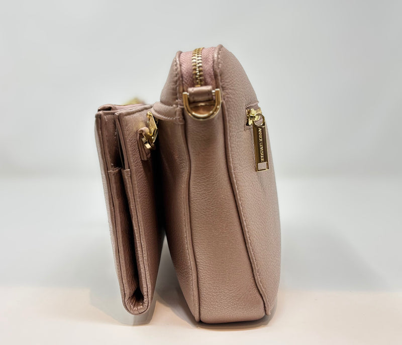 Petit Sac bandouillère 2 en 1 avec porte carte détachable en Cuir Champagne Vintage , Kennedi