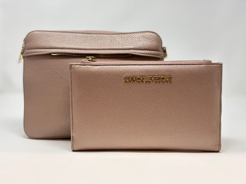 Petit Sac bandouillère 2 en 1 avec porte carte détachable en Cuir Champagne Vintage , Kennedi