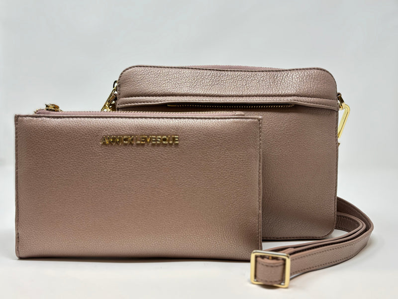 Petit Sac bandouillère 2 en 1 avec porte carte détachable en Cuir Champagne Vintage , Kennedi