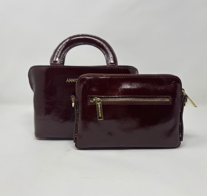 Sac à main en cuir Clarence , deux en un, rouge bordeaux foncé patin souple