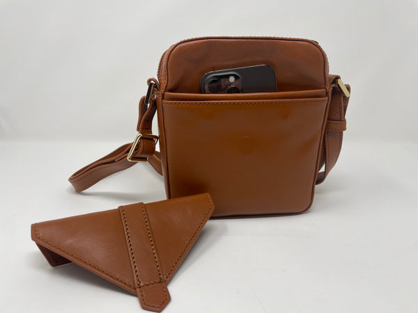 Petit sac en cuir véritable avec section pour carte RFID, Cognac, Nadine
