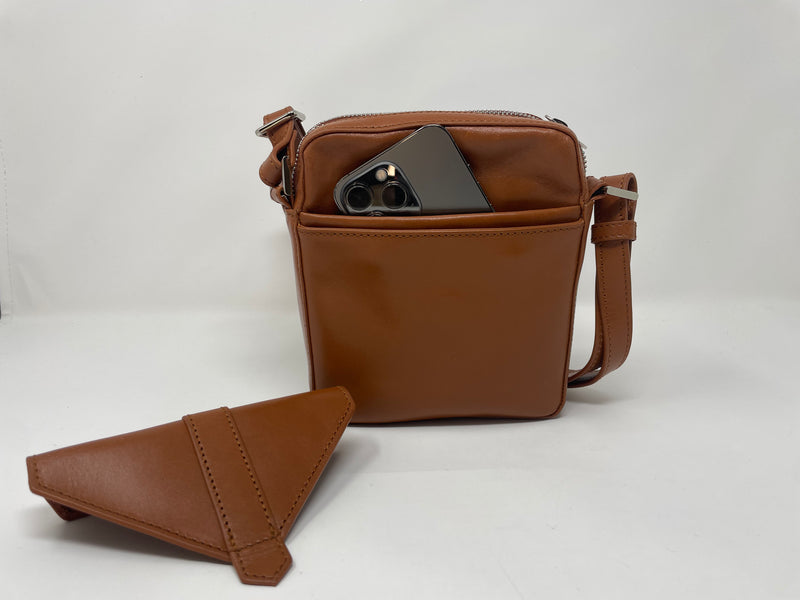 Petit sac en cuir véritable avec section pour carte RFID, Cognac, Nadine