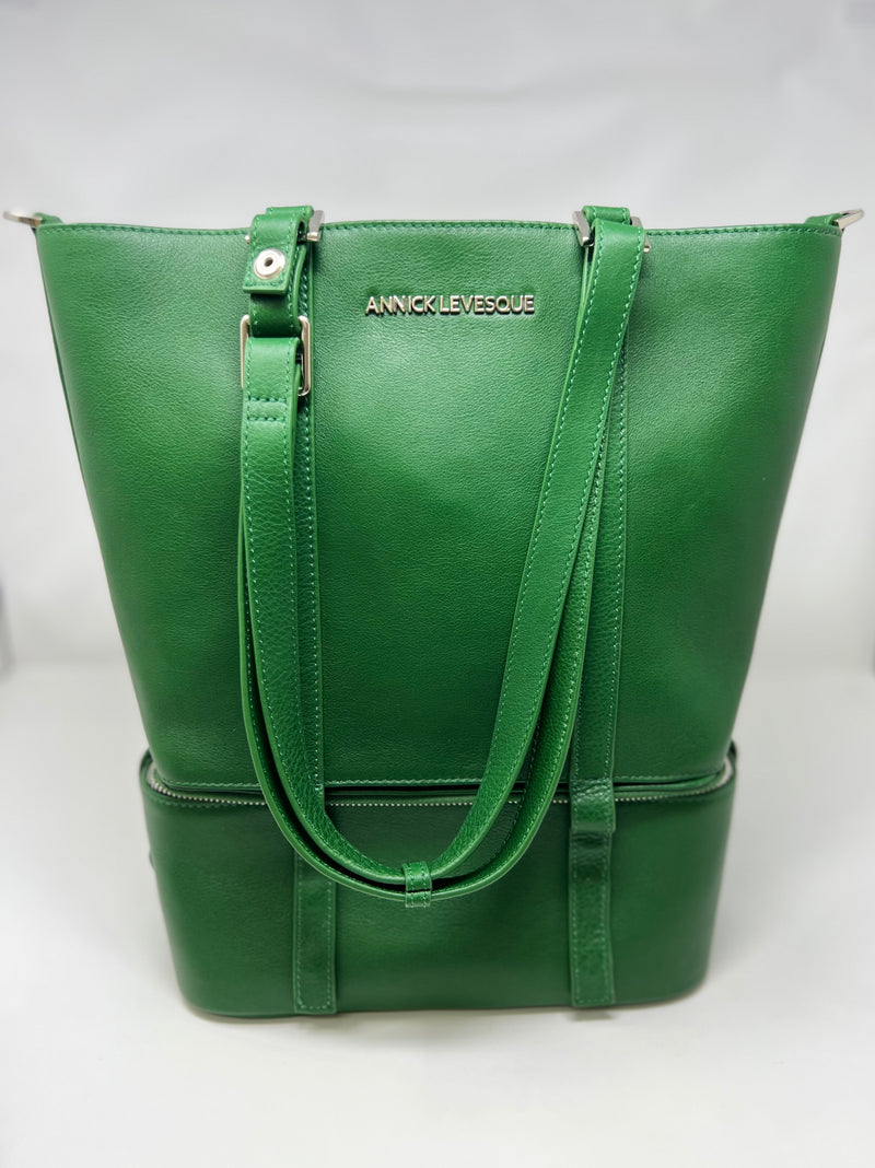 Sac fourre-tout en cuir véritable 2 en 1 Charlotte Kelly green, section isotherme détachable.