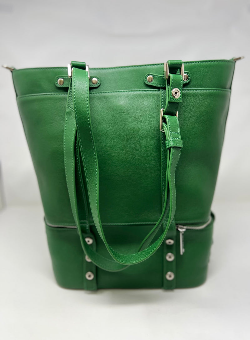 Sac fourre-tout en cuir véritable 2 en 1 Charlotte Kelly green, section isotherme détachable.