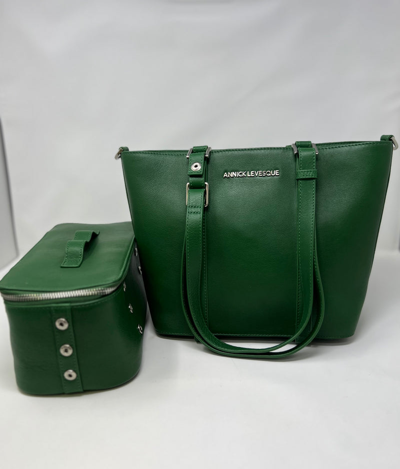 Sac fourre-tout en cuir véritable 2 en 1 Charlotte Kelly green, section isotherme détachable.