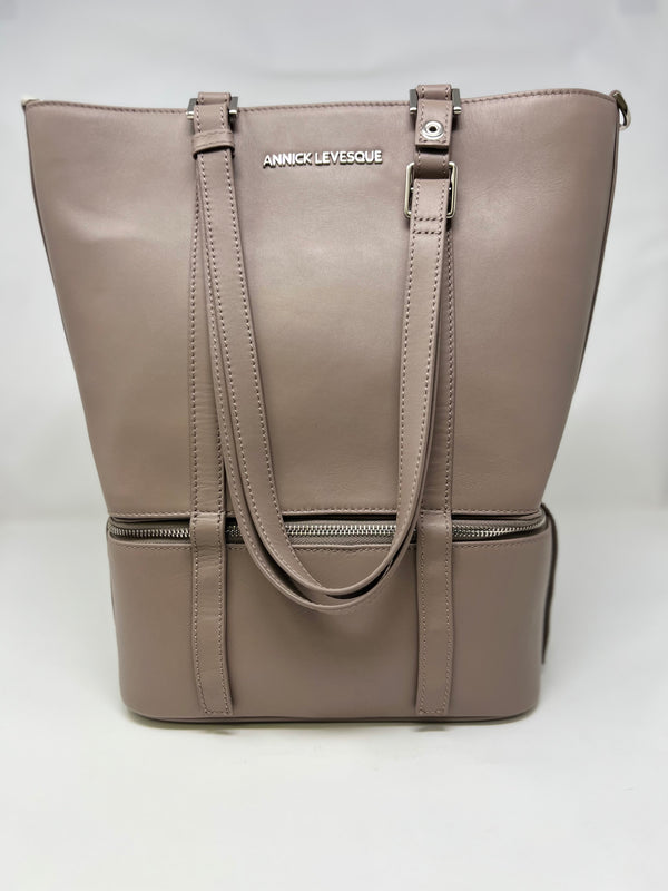 Sac fourre-tout en cuir véritable 2 en 1 Charlotte Taupe, section isotherme détachable.