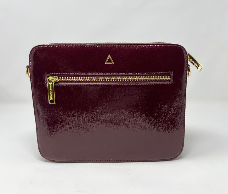 Petit Sac bandoulière 2 en 1 avec porte carte détachable en Cuir rouge bordeaux vernis, Kennedi